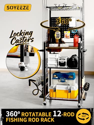 SOYEEZE Fishing Rod Holders for Garage,Fishing Gear Holder for Fishing Rod Tackle Box Storage，Fishing Pole Holders for 12 Rods with Hooks and Pegboard,Fishing Cart with Reel Rack, Standard Size - size: Standard with wheels
