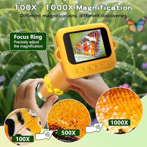 Odatay 1000X Digital Kids Microscope Kit with 12 Slides & 2" Screen, Orange - color: Orange