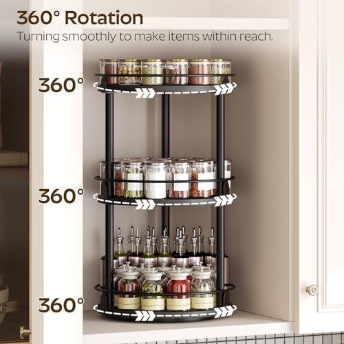 YATINEY 3-Tier Lazy Susan Organizer, Rotating Spice Rack, Spinning Organizer, Industrial Turntable Spice Rack Organizer for Cabinet, Kitchen Countertop, Pantry, Black SR23BK - color: Black, size: 10.2"L x 10.2"W x 18"H
