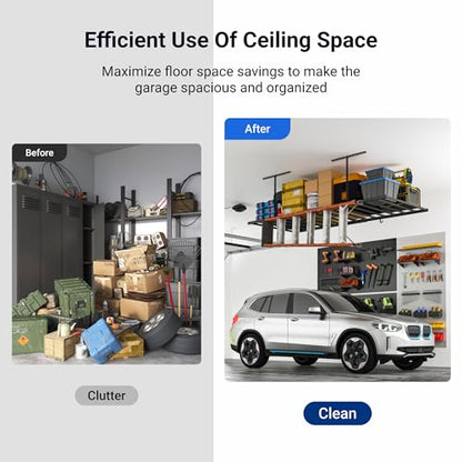 FLEXIMOUNTS 4x8 Overhead Garage Ceiling Storage Rack with 6 Hooks, Black - color: Black