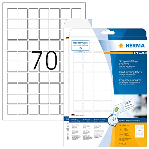 HERMA Self Adhesive Heavy Duty Weatherproof Foil Labels, 44 Labels Per A4 Sheet, 1750 Labels for Laser Printers, 24 x 24 mm (8339), White - size: 24 x 24 mm, style: 25 Sheets