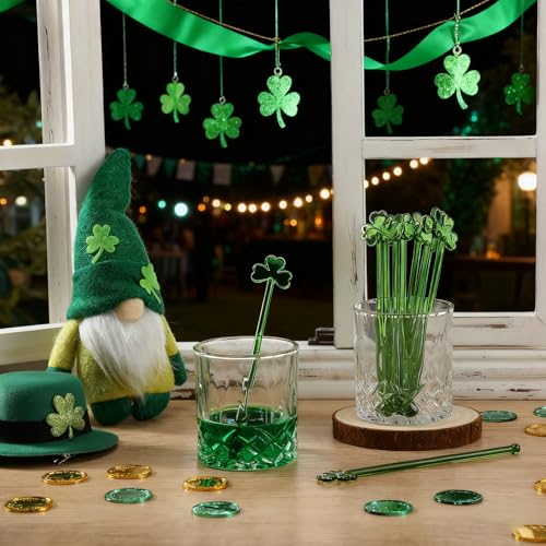 Qinyoung 12 Pcs St. Patrick's Day Glass Drink Stirrers 7 Inch Swizzle Sticks for Cocktails Coffee Reusable Green Shamrock Beverage Stir Sticks for Irish Festival Party Coffee Bar Kitchen Bar - style: Green Shamrock