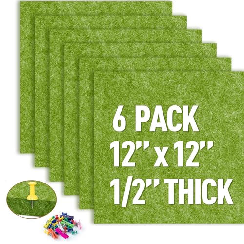 AKTOP Cork Bulletin Board 12x12, 1/2" Thick Felt Cork Board Tiles 6 Pack, Small Square Pin Board for Wall, Self Adhesive Corkboards with 60 Push Pin Wood Clips for School, Home & Office, Green - color: Green, size: 12"x12" - 6Pack