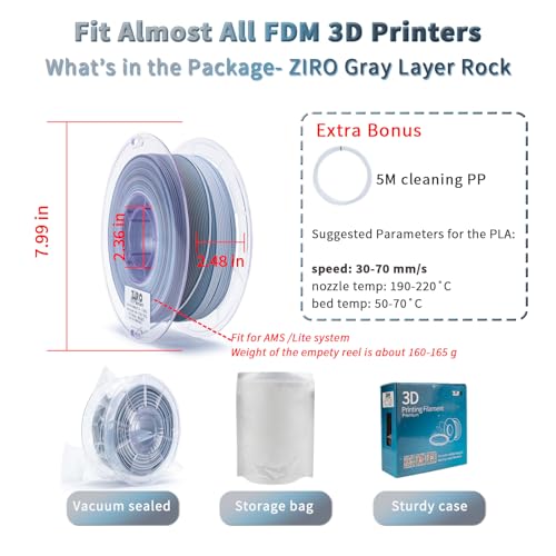 ZIRO PLA Filament 1KG, Matte Rainbow Fast Color Change, Gray Layer Rock - color: Gray Layer Rock (Matte)