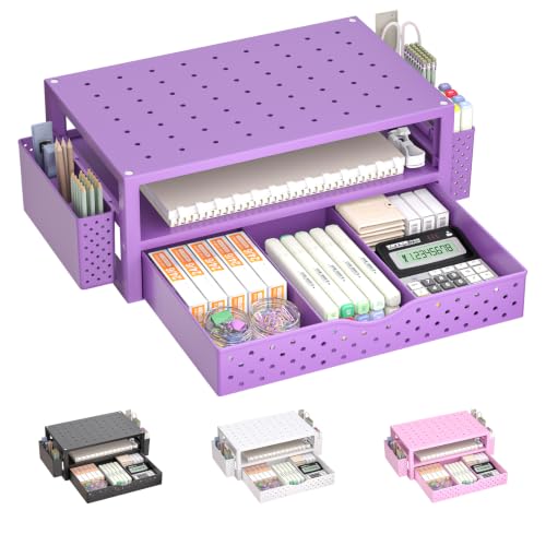 WALI Desk Organizer with Drawer and Pen Holder, 3 Tier Computer Monitor Stand for Home Office Supplies, Laptop Stand Riser for Computer, Laptop, Printer(PTT004-V), 1 Pack, Purple - color: Purple, size: 3-Tier