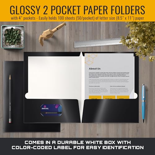 Better Office Products 2 Pocket Glossy Laminated Black Paper Folders, Letter Size, Black Paper Portfolios, Box of 25 - color: Black