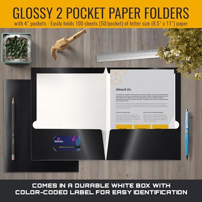 Better Office Products 2 Pocket Glossy Laminated Black Paper Folders, Letter Size, Black Paper Portfolios, Box of 25 - color: Black