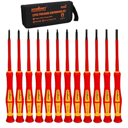 HORUSDY 12-Piece Precision Screwdriver Set, 1000V Insulated Electrician Screwdrivers with Magnetic Tips & Rotatable Top Cap, Phillips PH0/PH00, Slotted 1.8–3mm & Torx T5–T10 with Portable Storage Bag - style: 12-Piece Precision Screwdriver Set