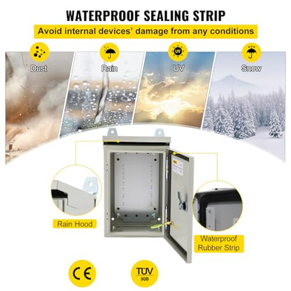VEVOR Electrical Enclosure, 12'' x 8'' x 6'', UL Certified NEMA 4 Outdoor IP65 Waterproof Cold-Rolled Carbon Steel Hinged Junction Box, with Rain Hood, White Gray, (ULBOX30X20X15) - size: 12" x 8" x 6"