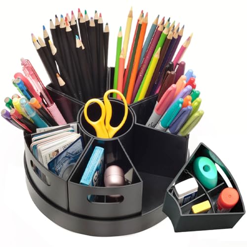 Black Rotating Desk Organizer with Dividers Lazy Susan Caddies for Home School Office Supplies, Pens, Markers and Art Supplies for Classroom - color: Black