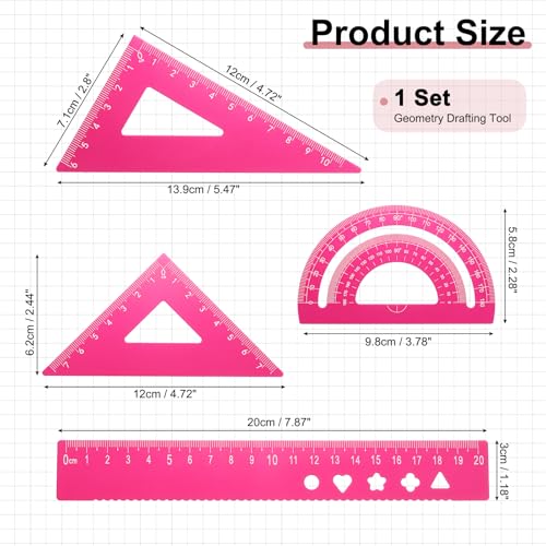 PATIKIL 4Pcs Geometry Drafting Tool, Aluminum Alloy Geometry Kit Math Tool - color: Pink, size: 20cm