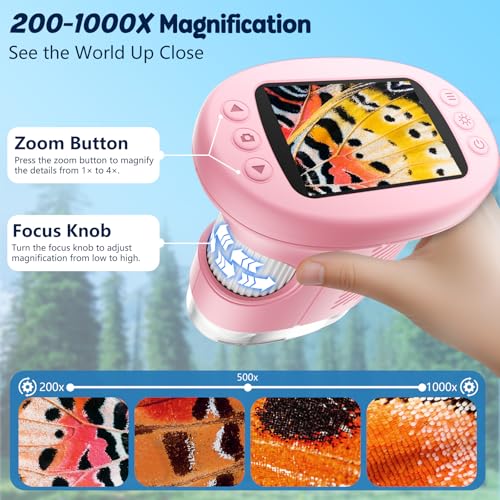 Odatay 2.4" 4K 1000X Digital Kids Microscope with 32G Card 12 Slides, Pink - color: Pink