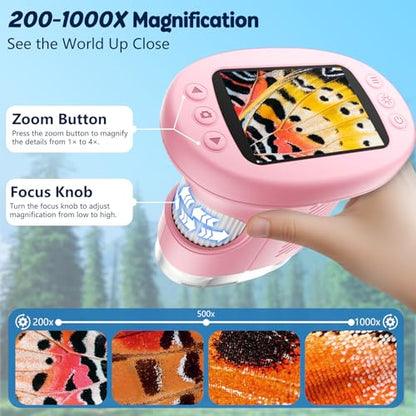Odatay 2.4" 4K 1000X Digital Kids Microscope with 32G Card 12 Slides, Pink - color: Pink