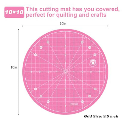 Headley Tools 10"x10" Round Rotating Cutting Mat, Self Healing Mat with 360-Degree Rotation & Anti-Slip Base, Sewing Board Cutting Mat Perfect for Fabric Quilting Leather Hobby Project, Pink - color: Pink, size: 10"L x 10"W
