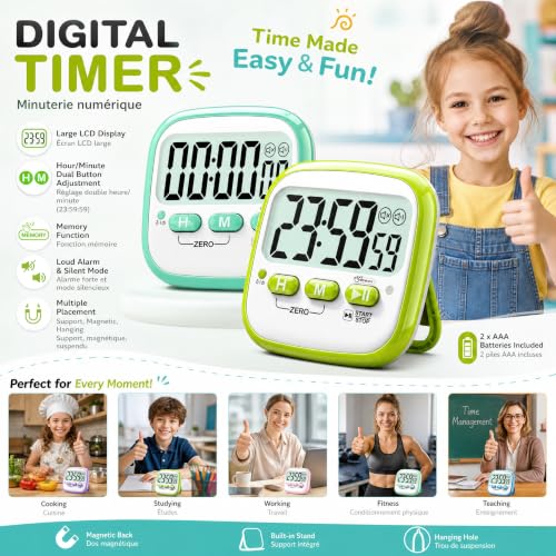 Antonki 2 Pack Classroom Timers for Kids Teachers, Magnetic Countdown Digital Kitchen Timer for Cooking, Study, Exercise, Games, Time Mangement - Loud/Silent Mode - Battery Included - color: Classic Lime Green + Mint Green