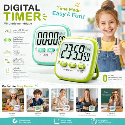 Antonki 2 Pack Classroom Timers for Kids Teachers, Magnetic Countdown Digital Kitchen Timer for Cooking, Study, Exercise, Games, Time Mangement - Loud/Silent Mode - Battery Included - color: Classic Lime Green + Mint Green