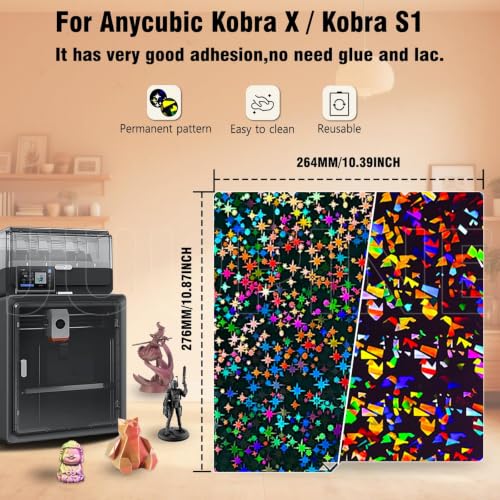 JUUPINE Upgraded 264x276mm Build Plate for Anycubic Kobra X/Kobra 4/Kobra S1/ACE Pro, Double Sided Textured Flake+Star Spring Steel Sheet Flexible Plate for Anycubic Kobra S1 Combo 3D Printer. - color: H2H(Flake+Star)