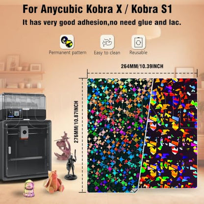 JUUPINE Upgraded 264x276mm Build Plate for Anycubic Kobra X/Kobra 4/Kobra S1/ACE Pro, Double Sided Textured Flake+Star Spring Steel Sheet Flexible Plate for Anycubic Kobra S1 Combo 3D Printer. - color: H2H(Flake+Star)