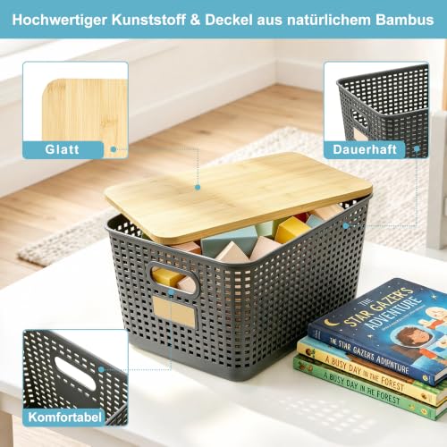 Bagnizer 2 Pack Tall Plastic Storage Bins with Bamboo Lids, 10.8qt Stackable Storages Baskets for Organizing Desktop Closet Playroom Classroom Office, 12"L x 8.3"W x 6.1"H, Gray - color: Gray, size: Tall- 2 Pack