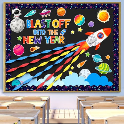 Pasimy Outer Space Bulletin Board with Crepe Paper Streamers 3D Space Themed Classroom Decor Galaxy Stars Planet Astronaut Cutouts for Back to School First Day of School Supplies Chalkboard Wall Decor