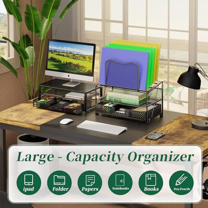 Simple Trending Mesh Desk Organizer with Sliding Drawer, Double Tray with 5 Sections File Bookshelf, Black - size: 13.25”W x 9.25”D x 15.25”H