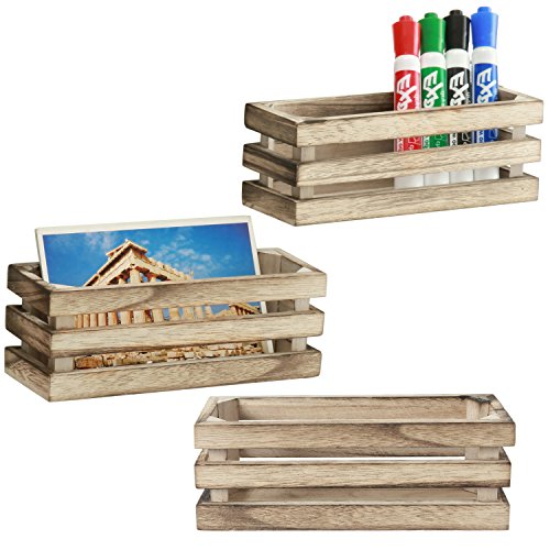 MyGift Magnetic Bins, Set of 3 Magnetic Dry Erase Marker Holder for Whiteboard, Burnt Wood Desktop Office Supplies Organizer Crates