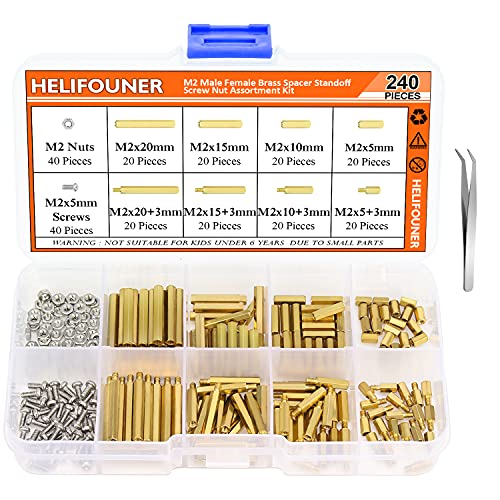 HELIFOUNER 240 Pieces M2 Male Female Hex Brass Spacer Standoff Screw Nut Assortment Kit - size: M2 Brass Standoff Kit