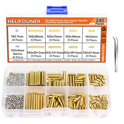 HELIFOUNER 240 Pieces M2 Male Female Hex Brass Spacer Standoff Screw Nut Assortment Kit - size: M2 Brass Standoff Kit
