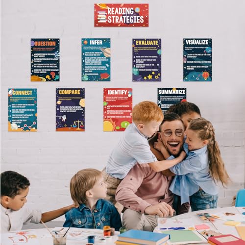 Outus 13 Pcs Reading Strategies Posters Classroom Decorations Reading Bulletin Board Posters Elementary Educational Wall Prints Library Decorations for Middle High Schools Teacher Supplies(Space) - style: Space