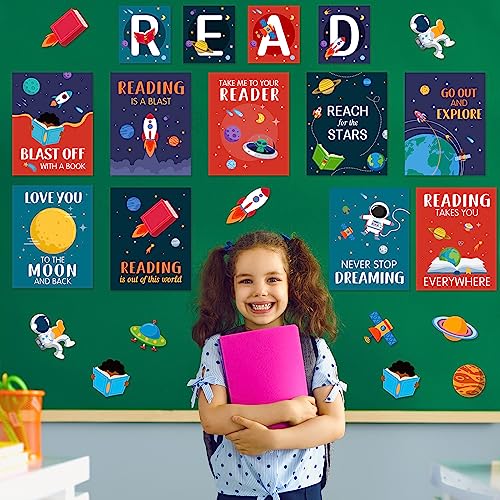 Outus 23 Pcs Reading Bulletin Board Decorations, Outer Space Read Posters