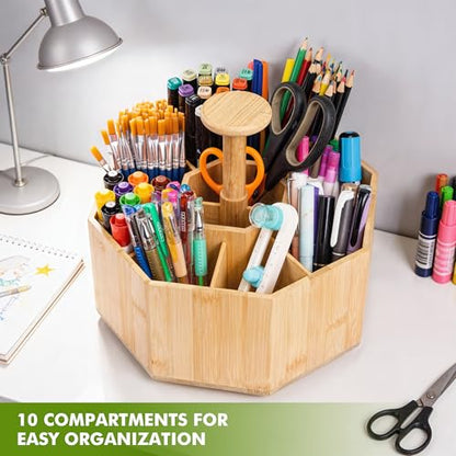 CraftGenes Bamboo Rotating Pen Organizer for Desk with 10 Compartments
