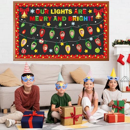 Christmas Bulletin Board Set Xmas Merry and Bright Classroom Decorations Light Bulb DIY Photo Paper Cutouts Winter Holiday Bulletin Board Border for School Wall Xmas Party Decor Teacher Supplies - style: Merry and Bright