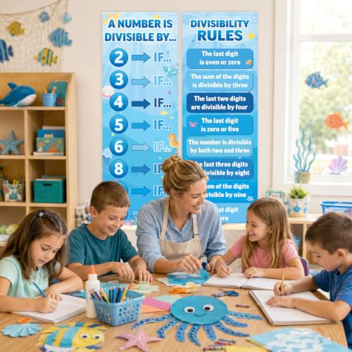 Educational Math Posters for Middle School Large Divisibility Mathematics Banner Ocean Theme Classroom Decor Blue Sea Math Posters Bulletin Board for Teachers Elementary High School Classroom Wall - style: Ocean