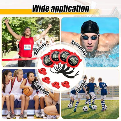 Simgoing 48 Pcs Digital Stopwatch Timer Plastic Whistle Bulk for Sports Coaches Referee Waterproof Watch Timer Whistle with Lanyard Multi Function Electronic Fitness Date Alarm (Red) - color: Red