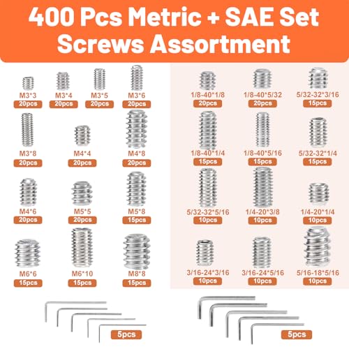 400 Pcs Set Screw Assortment Kit, 25 Sizes, 304 Stainless Steel - color: Silver-Metric&SAE-400 Pcs