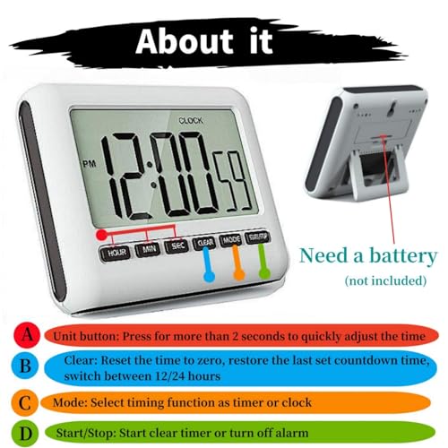 Magnetic Digital Clock for Kitchen - Timer with Alarm, 12/24 Hours, Big Screen, Loud Alarm & Strong Magnet - Count-Up & Count Down for Baking, Sports, Office, Study - Black