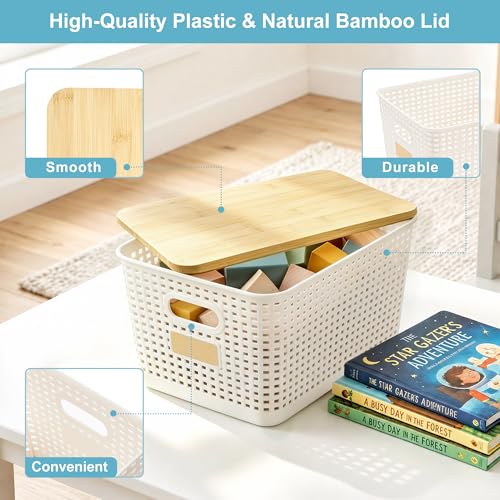 Bagnizer 2 Pack Tall Plastic Storage Bins with Bamboo Lids, 10.8qt Stackable Storages Baskets for Organizing Desktop Closet Playroom Classroom Office, 12"L x 8.3"W x 6.1"H, Cream White - color: Cream White, size: Tall- 2 Pack