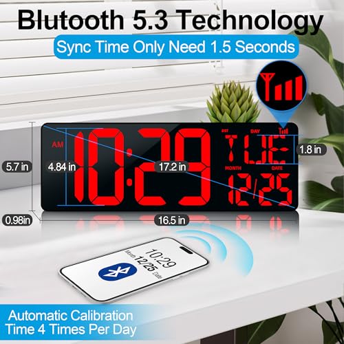 17.2" Large Digital Wall Clock Bluetooth Auto Sync Time Big Timer Red - color: Red&black Shell