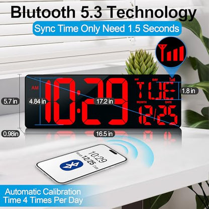 17.2" Large Digital Wall Clock Bluetooth Auto Sync Time Big Timer Red - color: Red&black Shell