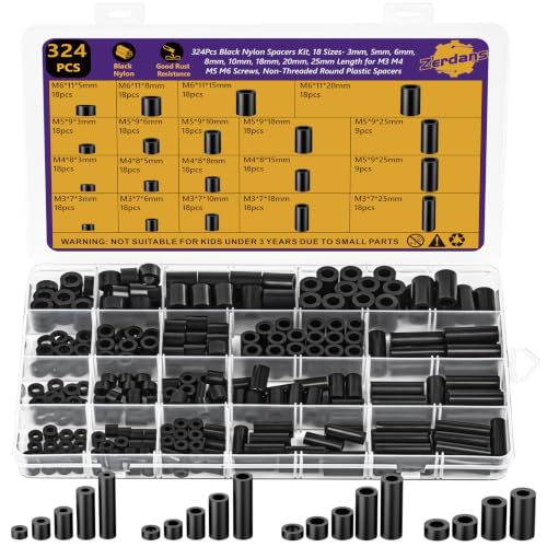 324Pcs M3-M6 Black Nylon Spacers Kit, 3-25mm for M3-M6 Screws Bolts - size: 324PCS M3M4M5M6*(3-25mm)