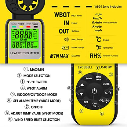 Anemometer WBGT Heat Stress Meter, Digital Handheld Wind Meter Outdoor 881W