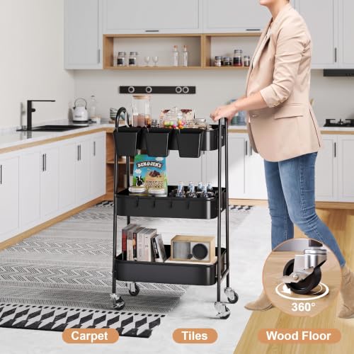3 Tier Metal Rolling Cart with Lockable Wheels,Black Three Tiered Art Carts - color: Matte Black, size: 3 tier