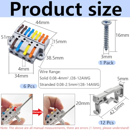 CESFONJER 4-in-8-out Lever Terminal Block Kit, Quad Input to Eight Output Splicing Connectors, DIN Rail/Screw Fix, 28-12AWG Conductor, 6 Pack with Mounting Hardware - color: set4