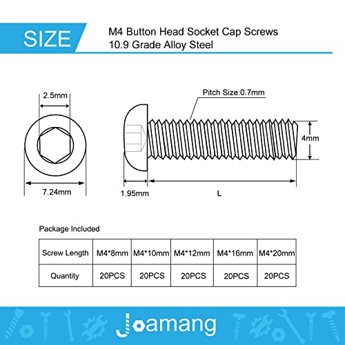 M4 x 8mm 10mm 12mm 16mm 20mm Button Head Socket Cap Screws Bolts, 10.9 Grade Alloy Steel, Black Oxide Finish, Metric Allen Hex Drive, Fully Threaded, Assortment Kit 100Pcs - size: Button M4x8-20 mm