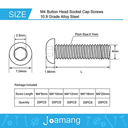 M4 x 8mm 10mm 12mm 16mm 20mm Button Head Socket Cap Screws Bolts, 10.9 Grade Alloy Steel, Black Oxide Finish, Metric Allen Hex Drive, Fully Threaded, Assortment Kit 100Pcs - size: Button M4x8-20 mm