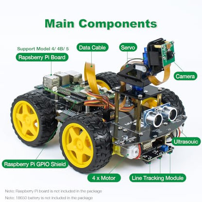 LAFVIN 4WD Smart Car Kit for Raspberry Pi 5 4 B 3 B+ B A+,Line Tracking,Face Tracking,Obstacle Avoidance,with Tutorial(Without Raspberry Pi)