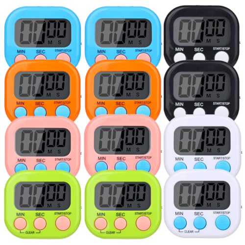 Mwellewm Digital Timers for Classroom Kids Kitchen Timers for Cooking 12 Pc - color: Black, Orange, Pink, Green, Blue, White
