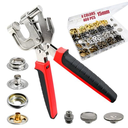 Snap Fastener Tool Kit, 4 Colors 400 PCS Boat Cover Snaps with Built in Punching Snap Installation Tool, 15 MM Canvas Snaps for Leather, Clothing and DIY Handmade