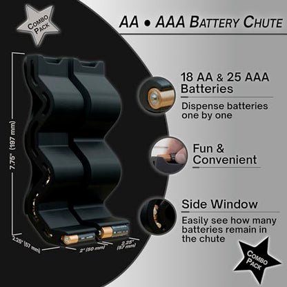 AA & AAA Battery Chute Combo, Wall Mounted Battery Organizer & Dispenser – No Jam FIFO Design, Holds 18 AA & 25 AAA Batteries – Black - color: Black