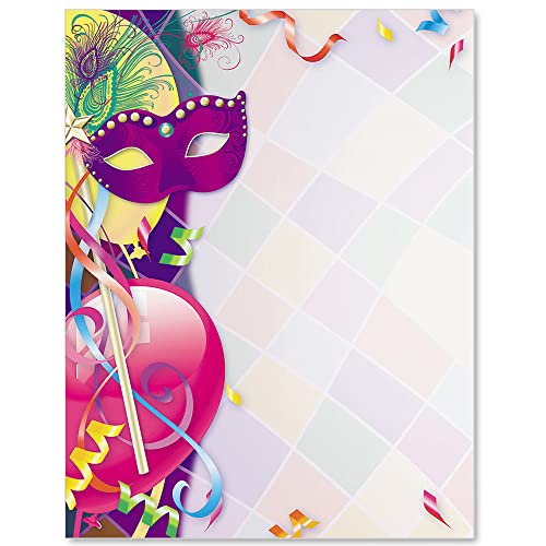 PaperDirect Fat Tuesday Border Papers, Mardi Gras with Harlequin Mask, Feathers, Balloons and Confetti Design, 8.5 x 11, Acid-Free, Ideal for Invitations, Announcements, Flyers, Cards, 25 Sheets - color: Fat Tuesday